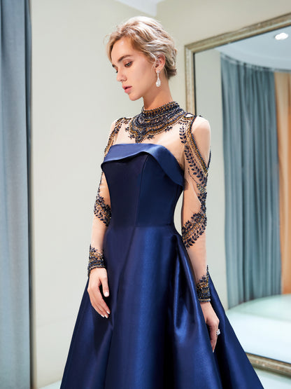 7-Day Dispatch High Neck Sheer Long Sleeve Navy Blue Satin Ball Gown Luxurious Beaded Lace Applique Open Back Formal Dress