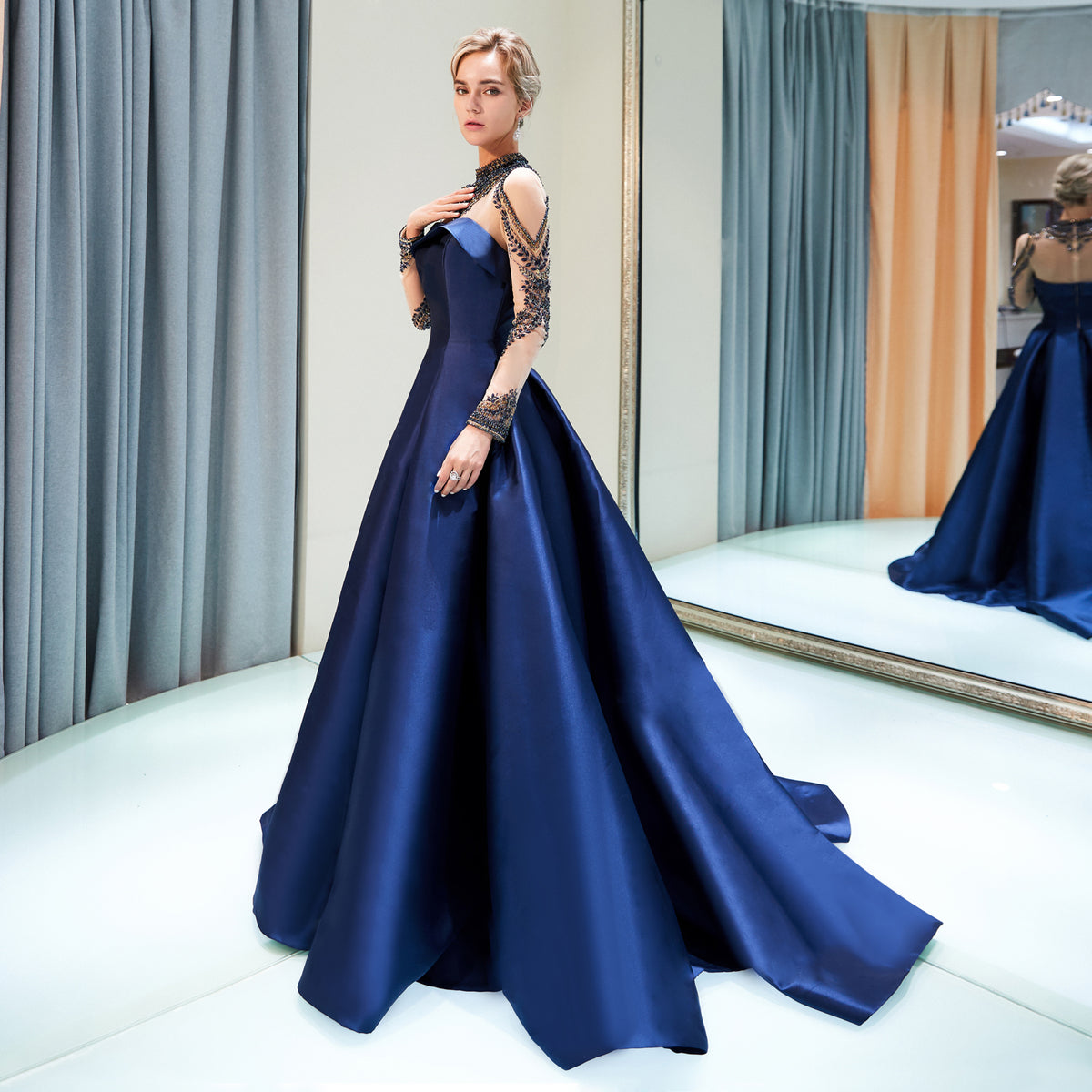 7-Day Dispatch High Neck Sheer Long Sleeve Navy Blue Satin Ball Gown Luxurious Beaded Lace Applique Open Back Formal Dress