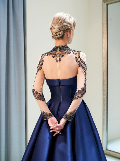 7-Day Dispatch High Neck Sheer Long Sleeve Navy Blue Satin Ball Gown Luxurious Beaded Lace Applique Open Back Formal Dress