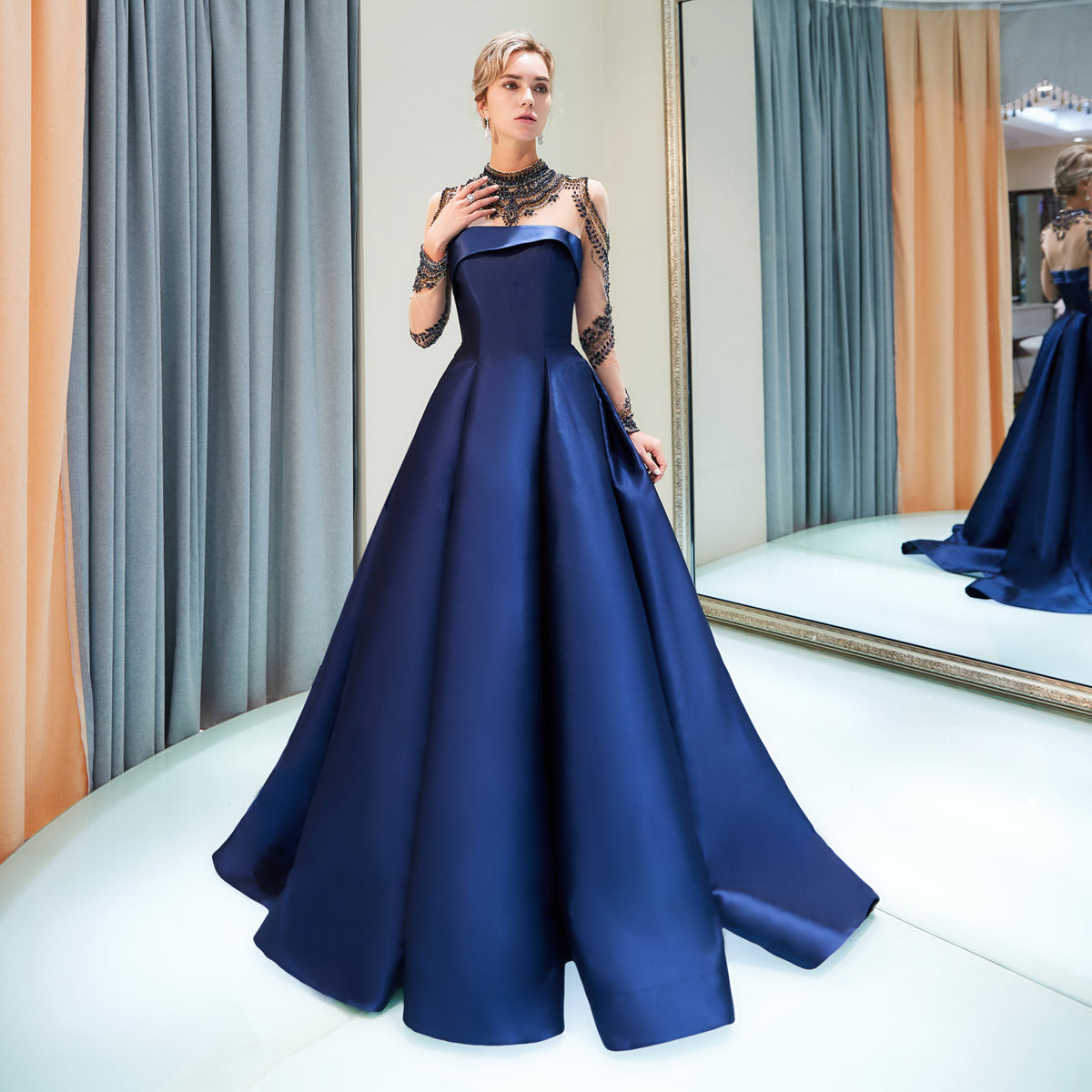 7-Day Dispatch High Neck Sheer Long Sleeve Navy Blue Satin Ball Gown Luxurious Beaded Lace Applique Open Back Formal Dress