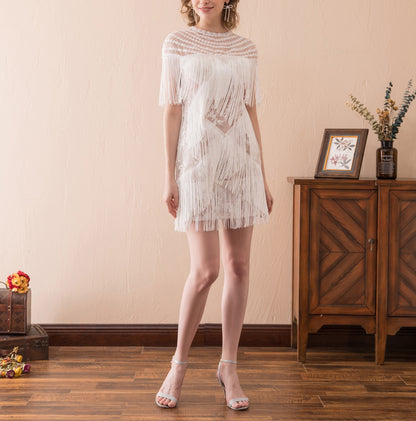 7-Day Dispatch High Neck White Fringe Flapper Mini Dress Illusion Neck Sleeveless Tassel Party Gown