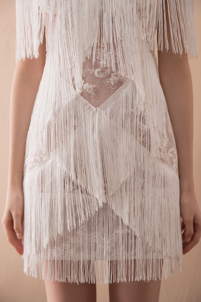 7-Day Dispatch High Neck White Fringe Flapper Mini Dress Illusion Neck Sleeveless Tassel Party Gown