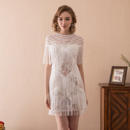 7-Day Dispatch High Neck White Fringe Flapper Mini Dress Illusion Neck Sleeveless Tassel Party Gown