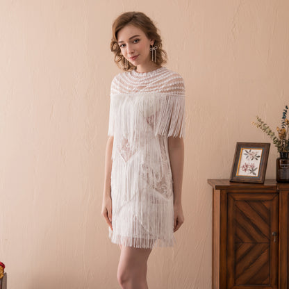 7-Day Dispatch High Neck White Fringe Flapper Mini Dress Illusion Neck Sleeveless Tassel Party Gown