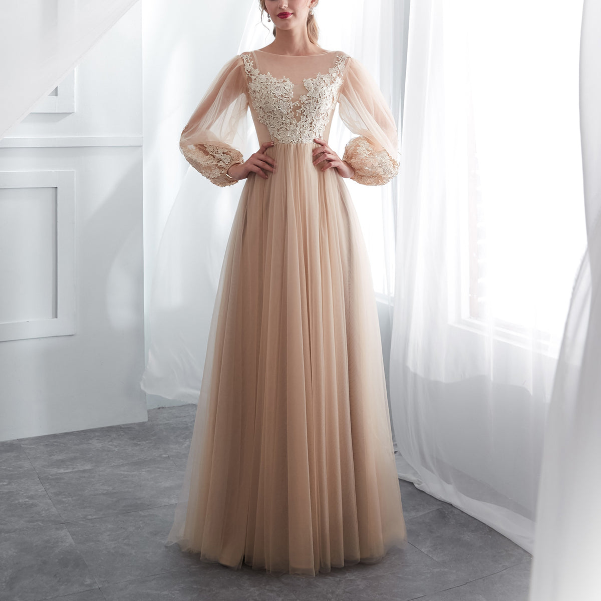7-Day Dispatch Illusion High Neck Champagne Lace Tulle A-Line Gown Long Sheer Bishop Sleeves Formal Dress