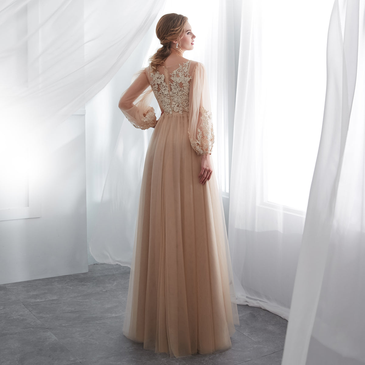 7-Day Dispatch Illusion High Neck Champagne Lace Tulle A-Line Gown Long Sheer Bishop Sleeves Formal Dress
