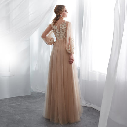 7-Day Dispatch Illusion High Neck Champagne Lace Tulle A-Line Gown Long Sheer Bishop Sleeves Formal Dress
