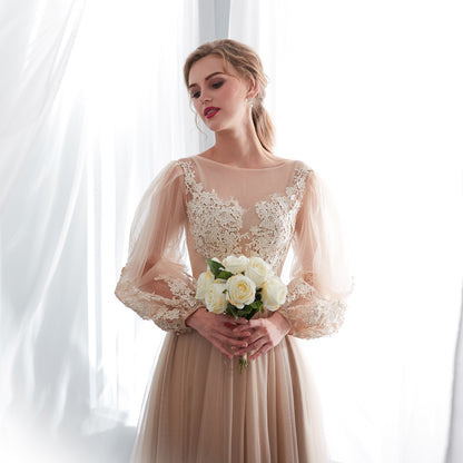 7-Day Dispatch Illusion High Neck Champagne Lace Tulle A-Line Gown Long Sheer Bishop Sleeves Formal Dress