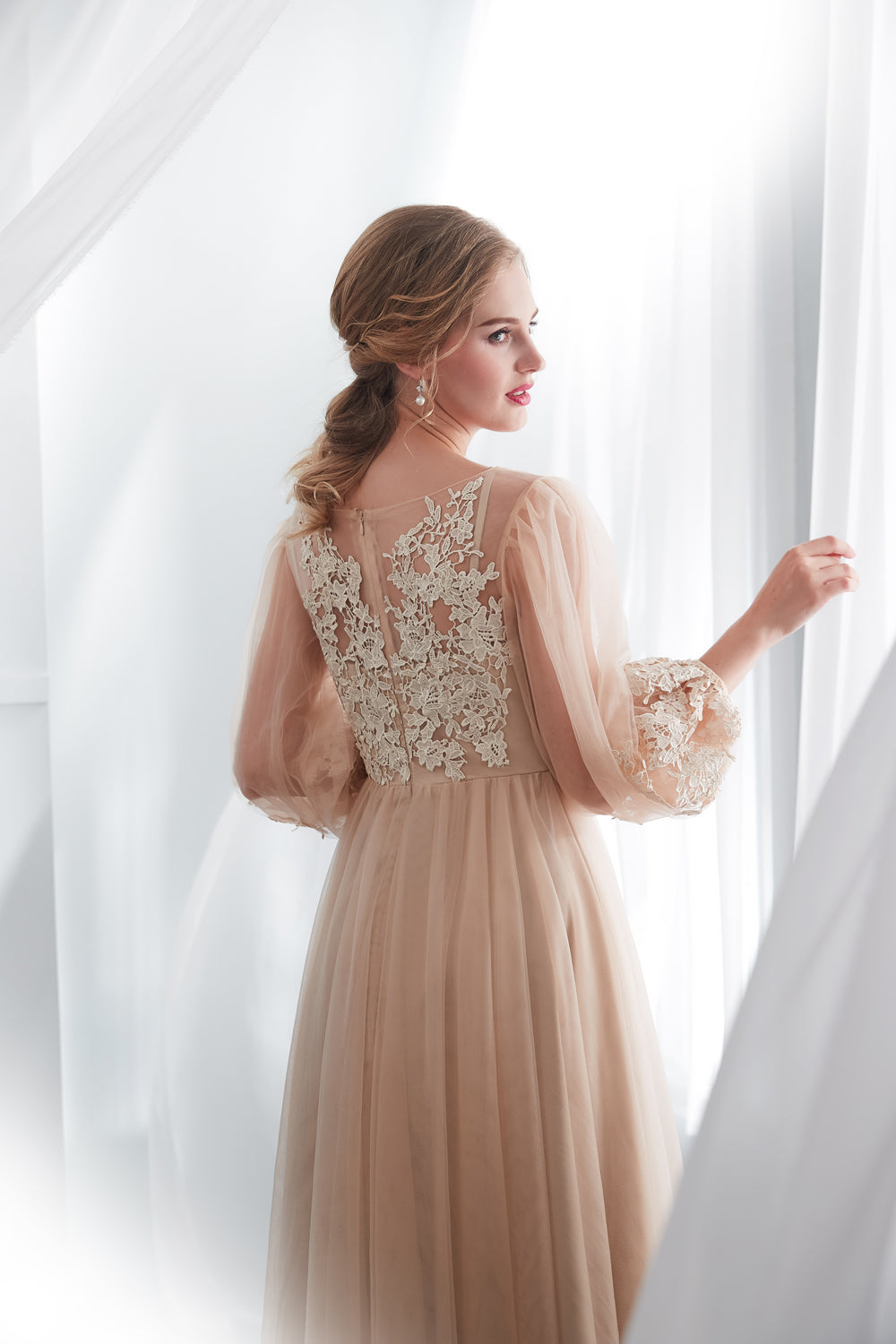 7-Day Dispatch Illusion High Neck Champagne Lace Tulle A-Line Gown Long Sheer Bishop Sleeves Formal Dress