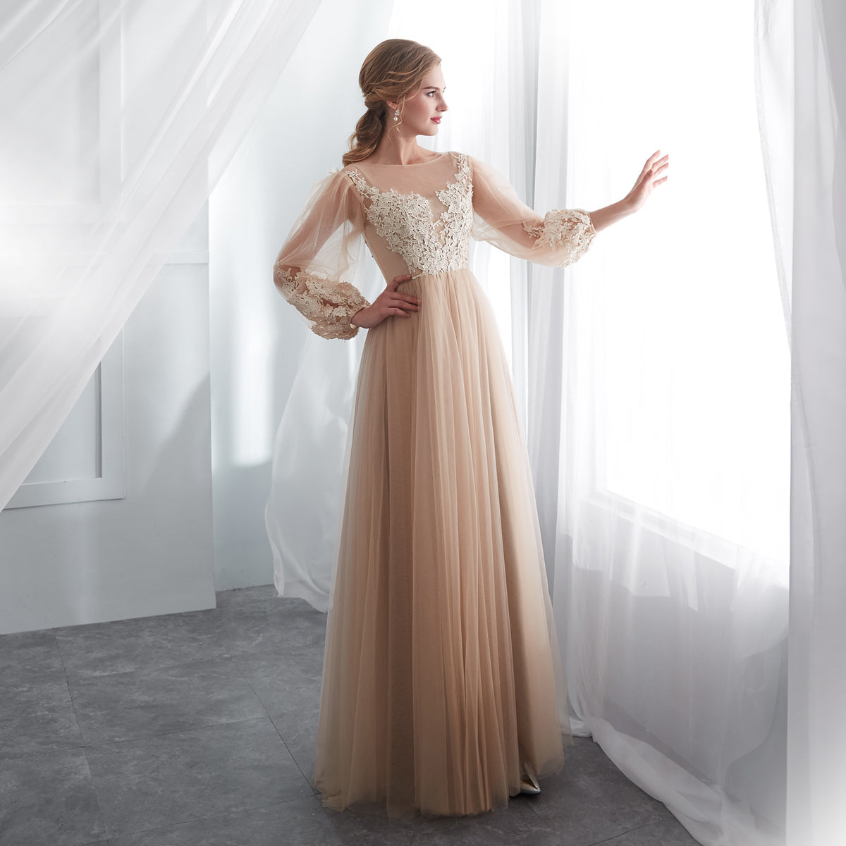 7-Day Dispatch Illusion High Neck Champagne Lace Tulle A-Line Gown Long Sheer Bishop Sleeves Formal Dress