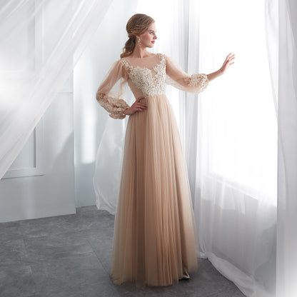 7-Day Dispatch Illusion High Neck Champagne Lace Tulle A-Line Gown Long Sheer Bishop Sleeves Formal Dress