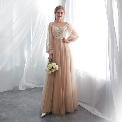 7-Day Dispatch Illusion High Neck Champagne Lace Tulle A-Line Gown Long Sheer Bishop Sleeves Formal Dress