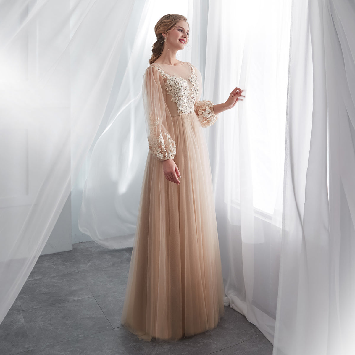 7-Day Dispatch Illusion High Neck Champagne Lace Tulle A-Line Gown Long Sheer Bishop Sleeves Formal Dress