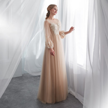 7-Day Dispatch Illusion High Neck Champagne Lace Tulle A-Line Gown Long Sheer Bishop Sleeves Formal Dress