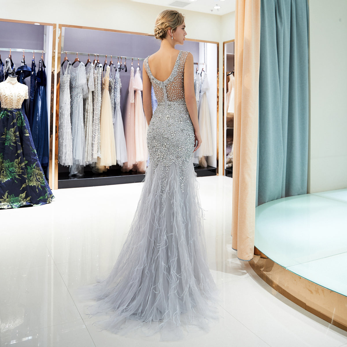 7-Day Dispatch Illusion Neck Sleeveless Silver Grey Beaded Mermaid Gown Sheer Mesh Waist Feather Tulle Train Evening Dress