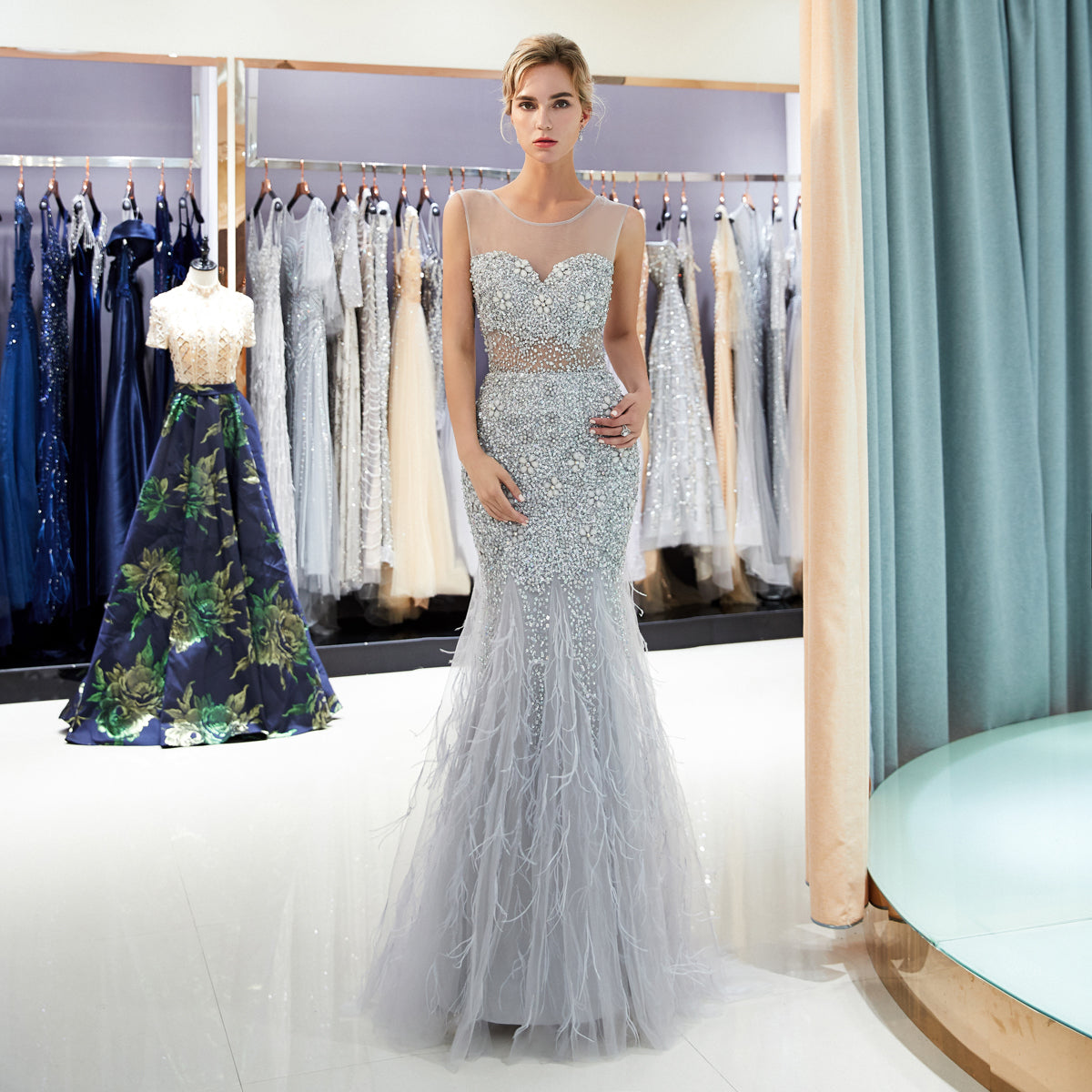 7-Day Dispatch Illusion Neck Sleeveless Silver Grey Beaded Mermaid Gown Sheer Mesh Waist Feather Tulle Train Evening Dress