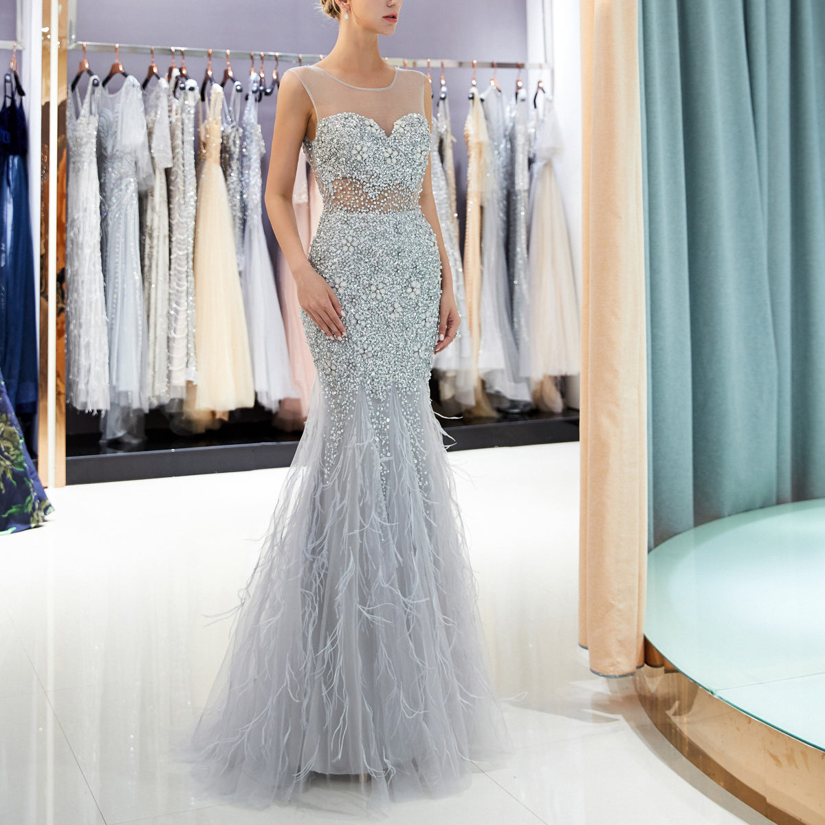 7-Day Dispatch Illusion Neck Sleeveless Silver Grey Beaded Mermaid Gown Sheer Mesh Waist Feather Tulle Train Evening Dress