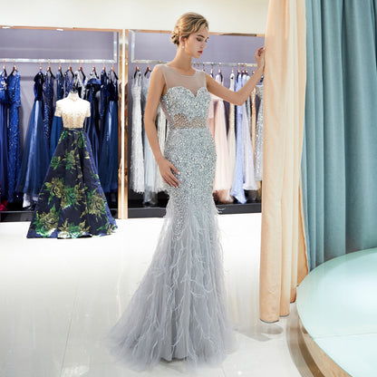 7-Day Dispatch Illusion Neck Sleeveless Silver Grey Beaded Mermaid Gown Sheer Mesh Waist Feather Tulle Train Evening Dress