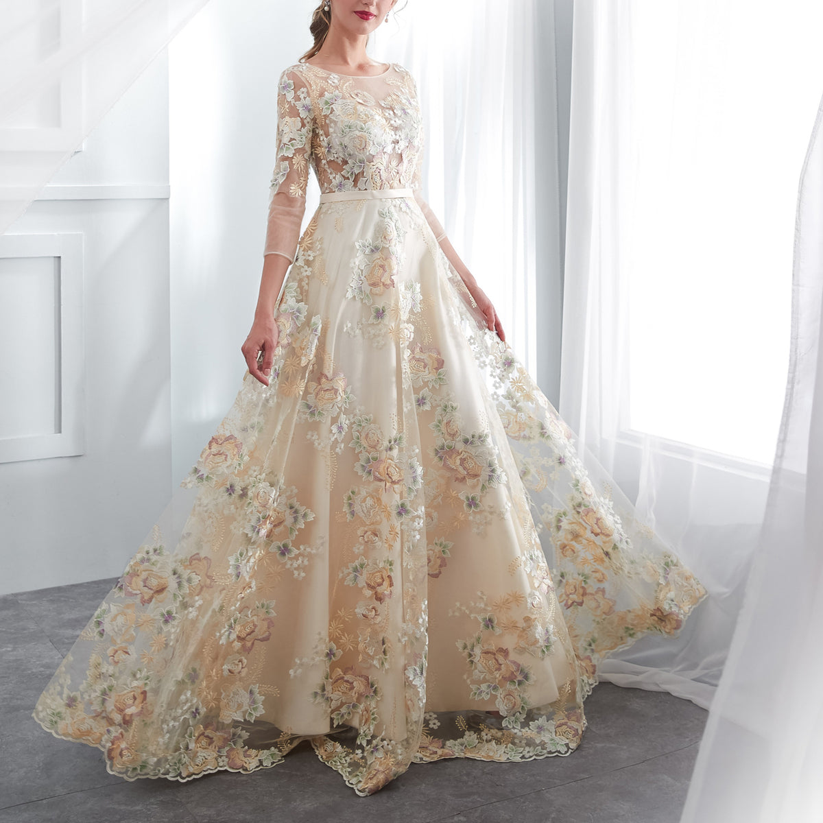 7-Day Dispatch Illusion Neckline 3/4 Sleeve Champagne Tulle Colorful Floral Embroidery A-Line Gown Scalloped Hem Formal Dress