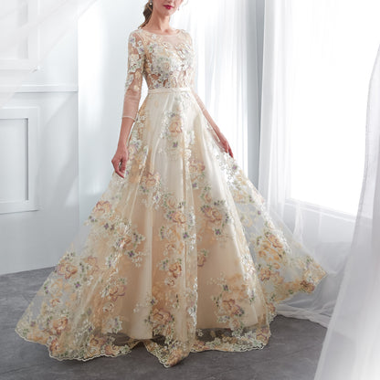7-Day Dispatch Illusion Neckline 3/4 Sleeve Champagne Tulle Colorful Floral Embroidery A-Line Gown Scalloped Hem Formal Dress
