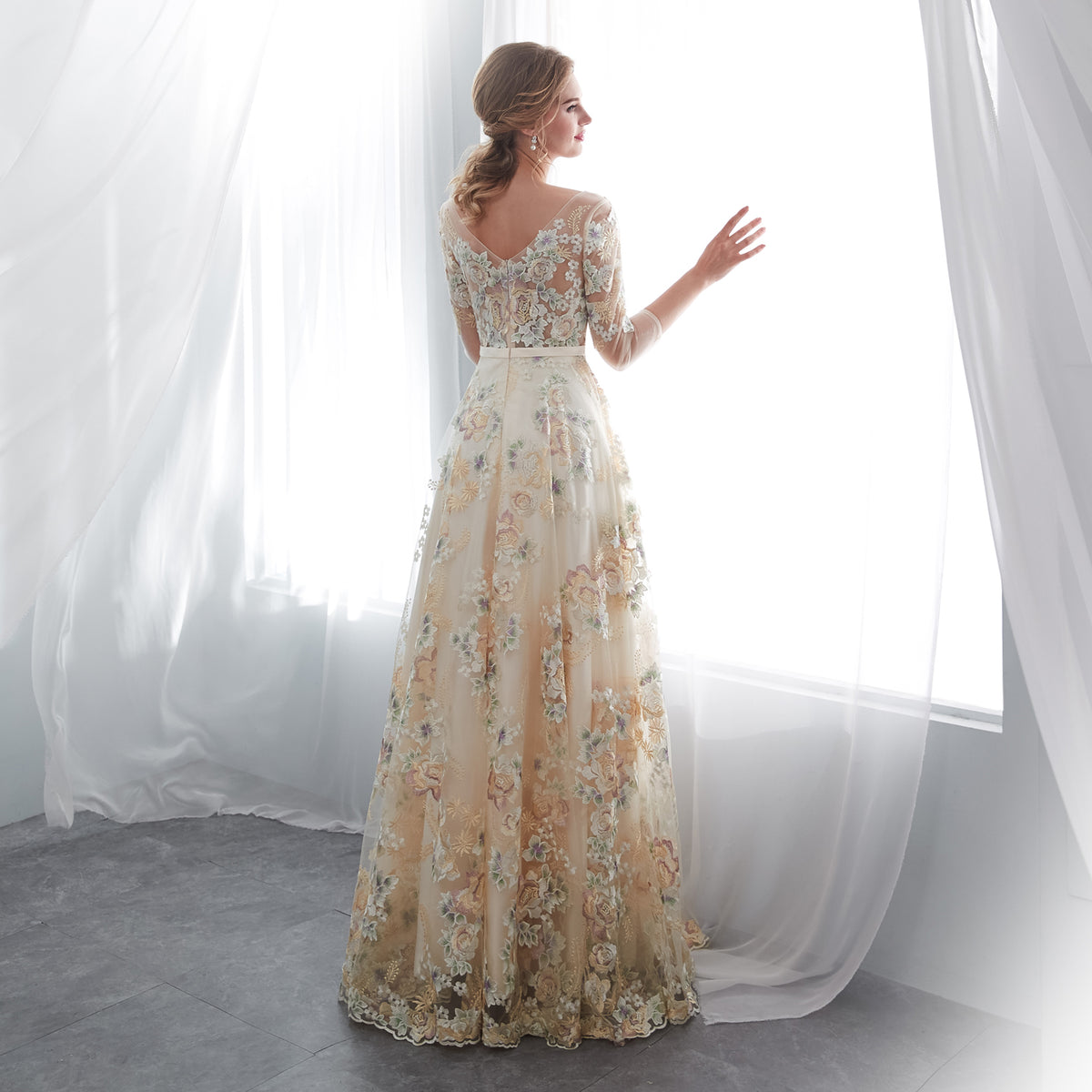 7-Day Dispatch Illusion Neckline 3/4 Sleeve Champagne Tulle Colorful Floral Embroidery A-Line Gown Scalloped Hem Formal Dress