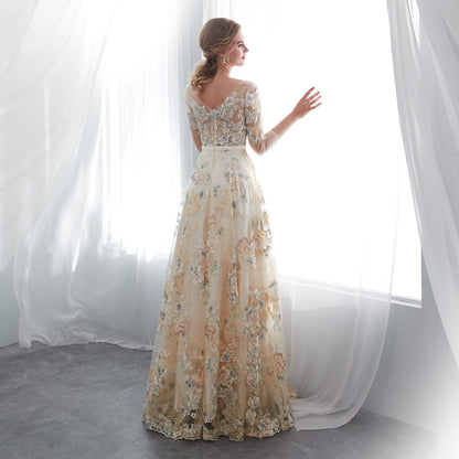 7-Day Dispatch Illusion Neckline 3/4 Sleeve Champagne Tulle Colorful Floral Embroidery A-Line Gown Scalloped Hem Formal Dress