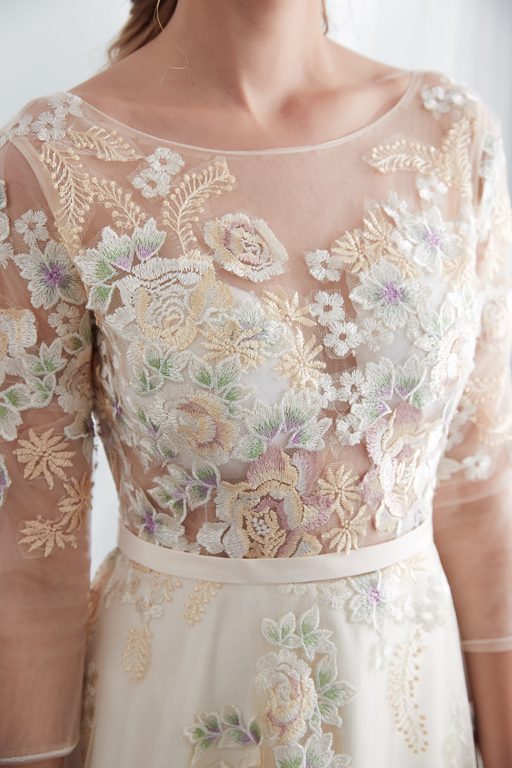 7-Day Dispatch Illusion Neckline 3/4 Sleeve Champagne Tulle Colorful Floral Embroidery A-Line Gown Scalloped Hem Formal Dress