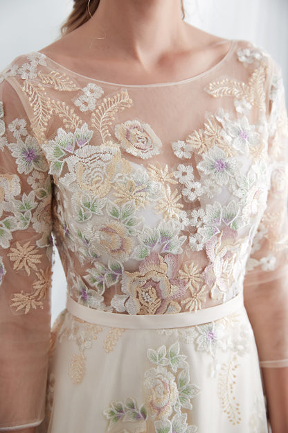 7-Day Dispatch Illusion Neckline 3/4 Sleeve Champagne Tulle Colorful Floral Embroidery A-Line Gown Scalloped Hem Formal Dress