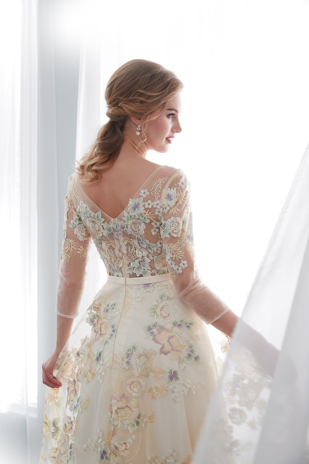 7-Day Dispatch Illusion Neckline 3/4 Sleeve Champagne Tulle Colorful Floral Embroidery A-Line Gown Scalloped Hem Formal Dress