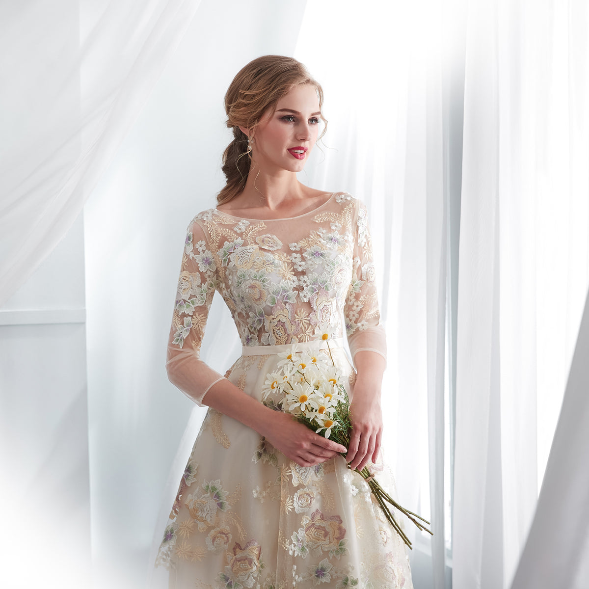 7-Day Dispatch Illusion Neckline 3/4 Sleeve Champagne Tulle Colorful Floral Embroidery A-Line Gown Scalloped Hem Formal Dress