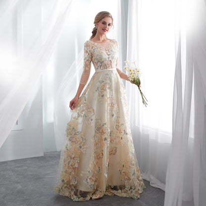 7-Day Dispatch Illusion Neckline 3/4 Sleeve Champagne Tulle Colorful Floral Embroidery A-Line Gown Scalloped Hem Formal Dress
