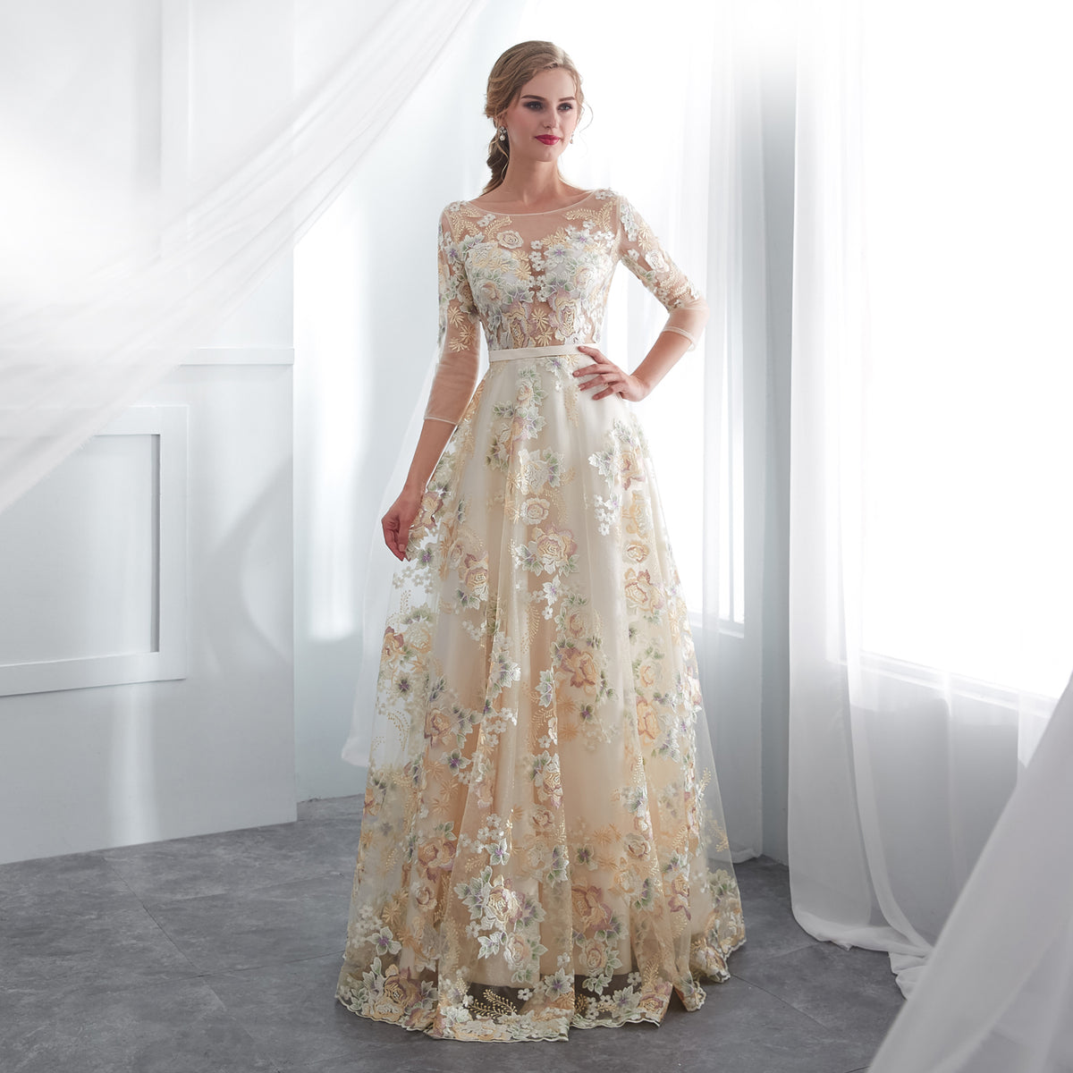 7-Day Dispatch Illusion Neckline 3/4 Sleeve Champagne Tulle Colorful Floral Embroidery A-Line Gown Scalloped Hem Formal Dress