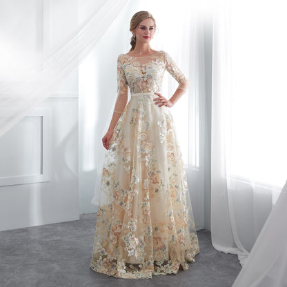 7-Day Dispatch Illusion Neckline 3/4 Sleeve Champagne Tulle Colorful Floral Embroidery A-Line Gown Scalloped Hem Formal Dress