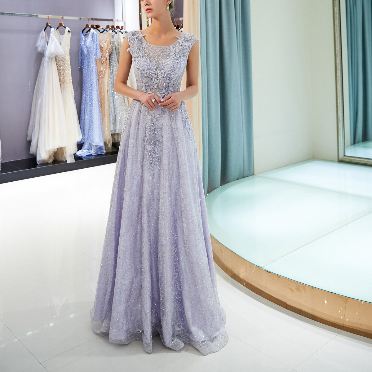 7-Day Dispatch Illusion Neckline Cap Sleeve Lavender Lace Applique Sequin Tulle A-Line Gown Hidden Zipper Formal Dress