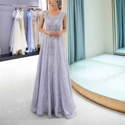 7-Day Dispatch Illusion Neckline Cap Sleeve Lavender Lace Applique Sequin Tulle A-Line Gown Hidden Zipper Formal Dress