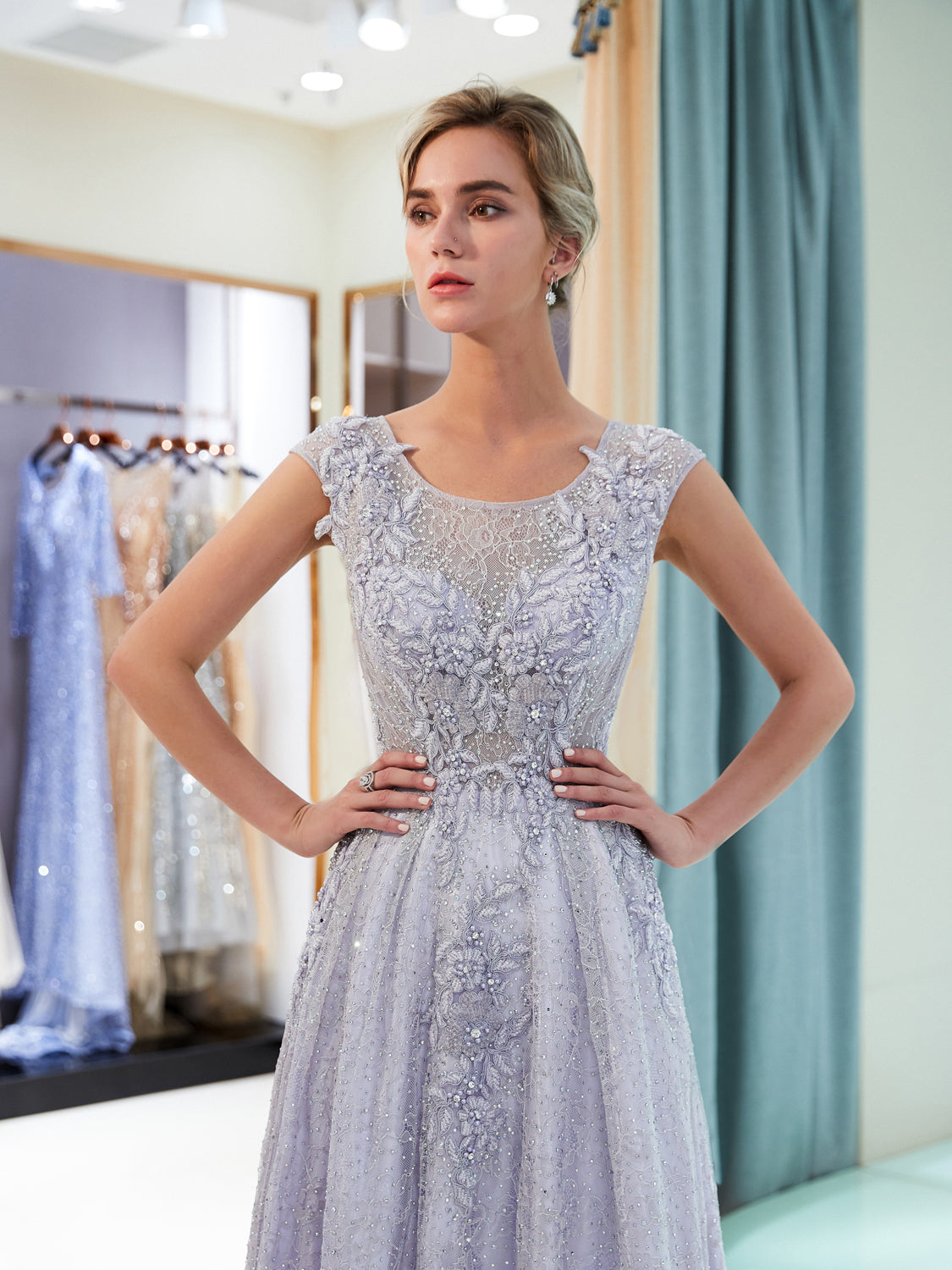 7-Day Dispatch Illusion Neckline Cap Sleeve Lavender Lace Applique Sequin Tulle A-Line Gown Hidden Zipper Formal Dress