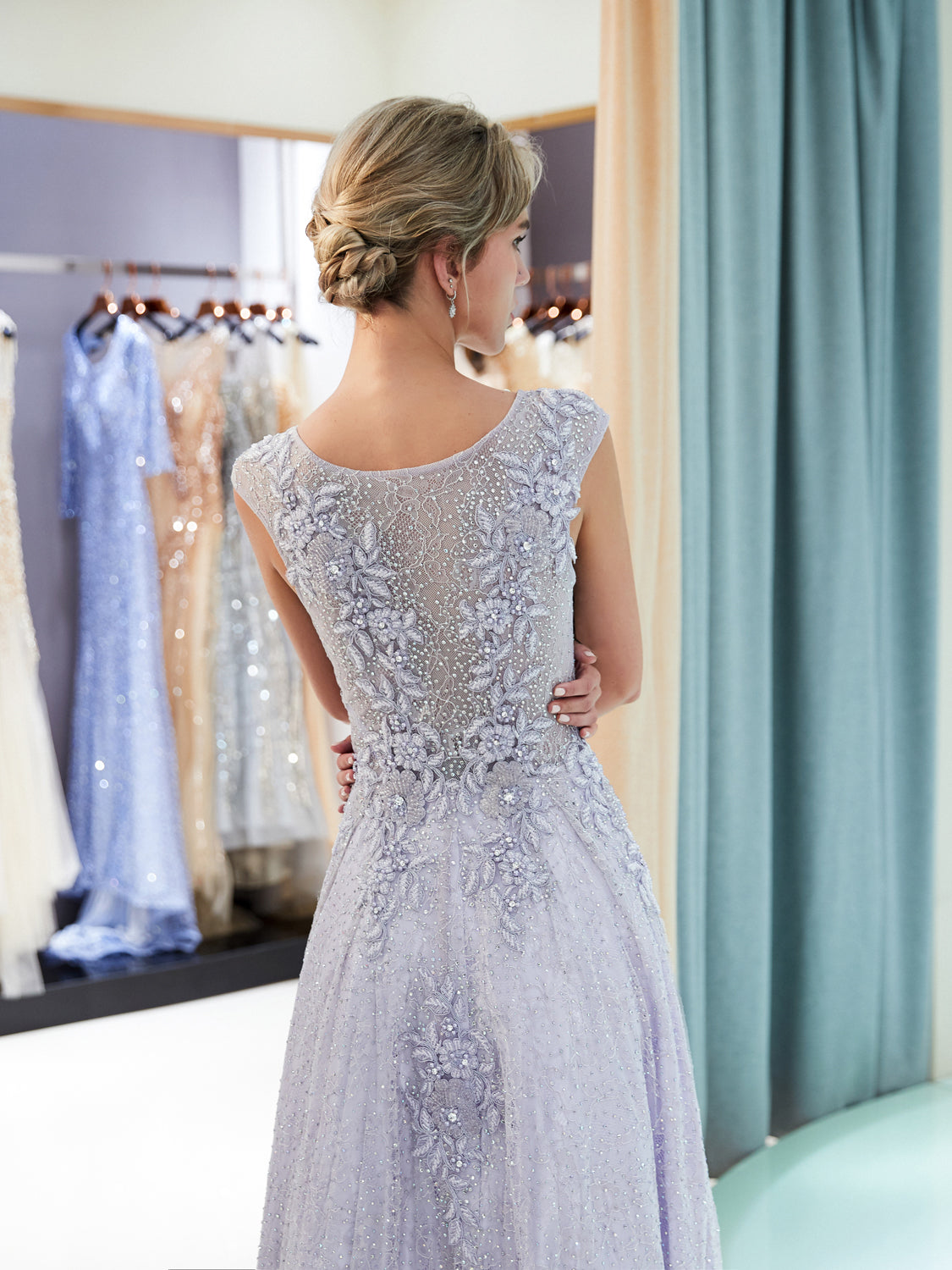 7-Day Dispatch Illusion Neckline Cap Sleeve Lavender Lace Applique Sequin Tulle A-Line Gown Hidden Zipper Formal Dress