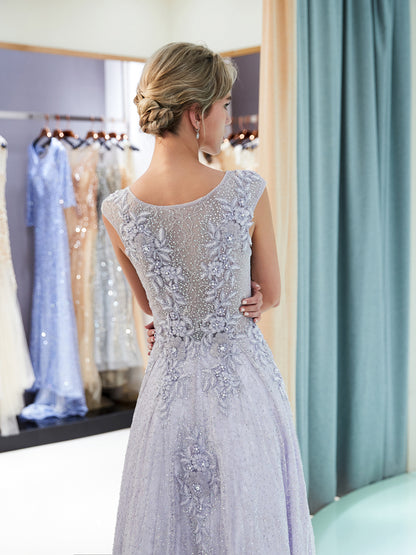 7-Day Dispatch Illusion Neckline Cap Sleeve Lavender Lace Applique Sequin Tulle A-Line Gown Hidden Zipper Formal Dress