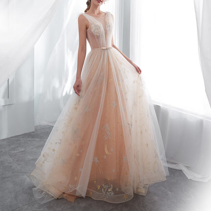 7-Day Dispatch Illusion Neckline Champagne Tulle A-Line Wedding Dress Moon & Star Embroidery Deep V-Back Sweeping Train Bridal Gown