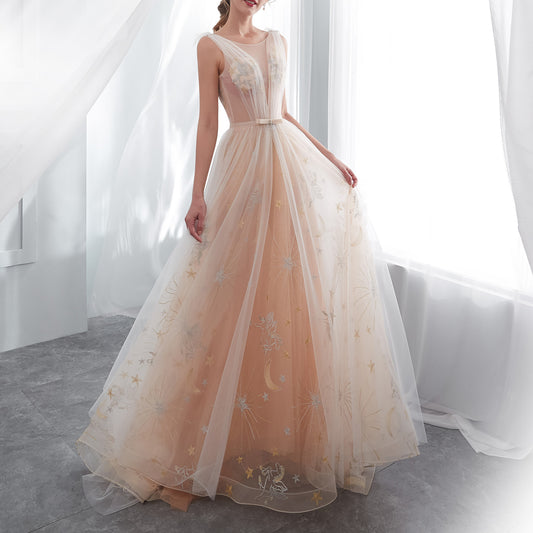 7-Day Dispatch Illusion Neckline Champagne Tulle A-Line Wedding Dress Moon & Star Embroidery Deep V-Back Sweeping Train Bridal Gown