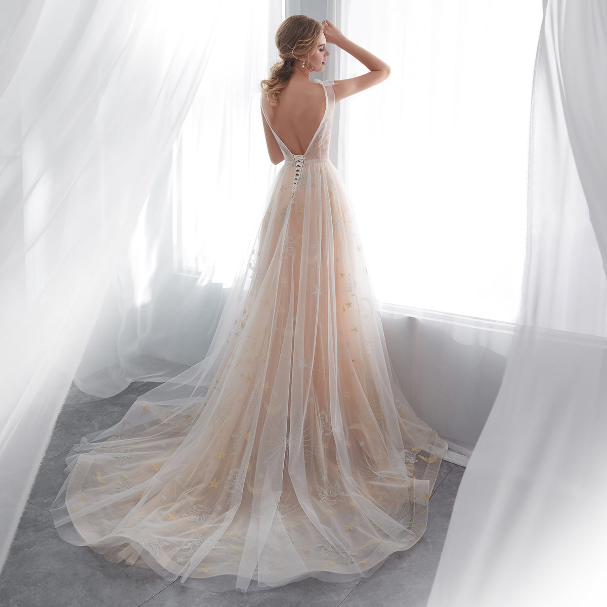 7-Day Dispatch Illusion Neckline Champagne Tulle A-Line Wedding Dress Moon & Star Embroidery Deep V-Back Sweeping Train Bridal Gown