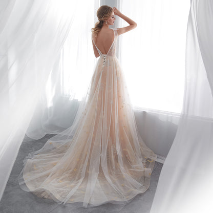 7-Day Dispatch Illusion Neckline Champagne Tulle A-Line Wedding Dress Moon & Star Embroidery Deep V-Back Sweeping Train Bridal Gown