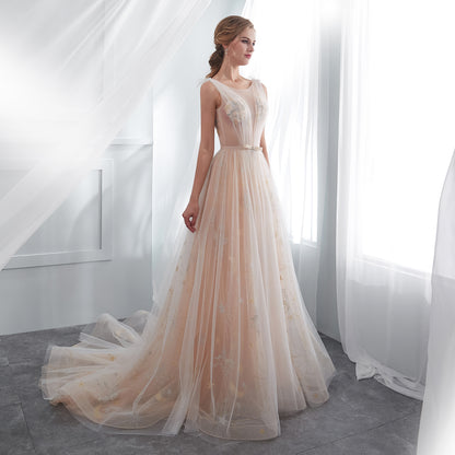 7-Day Dispatch Illusion Neckline Champagne Tulle A-Line Wedding Dress Moon & Star Embroidery Deep V-Back Sweeping Train Bridal Gown