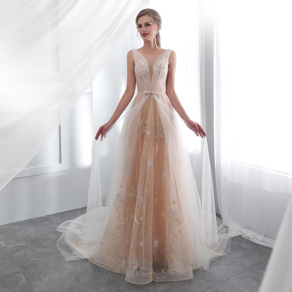 7-Day Dispatch Illusion Neckline Champagne Tulle A-Line Wedding Dress Moon & Star Embroidery Deep V-Back Sweeping Train Bridal Gown