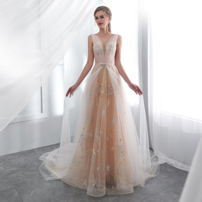 7-Day Dispatch Illusion Neckline Champagne Tulle A-Line Wedding Dress Moon & Star Embroidery Deep V-Back Sweeping Train Bridal Gown