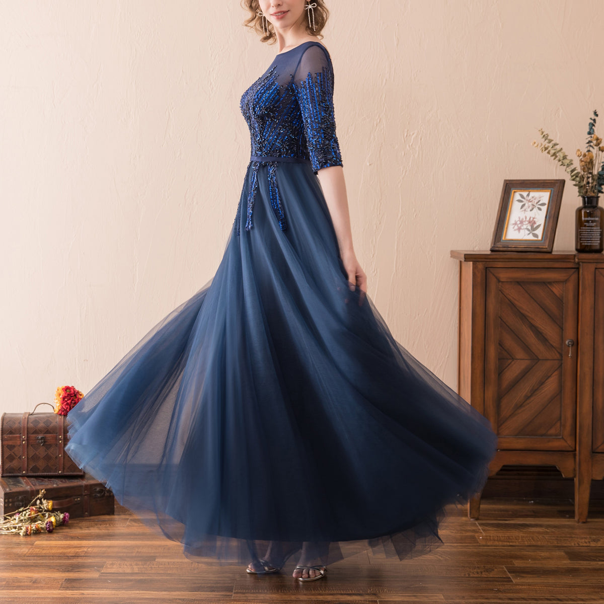 7-Day Dispatch Illusion Neckline Half Sleeve Navy Blue Beaded Tulle A-Line Evening Gown Lace-up Back Formal Dress