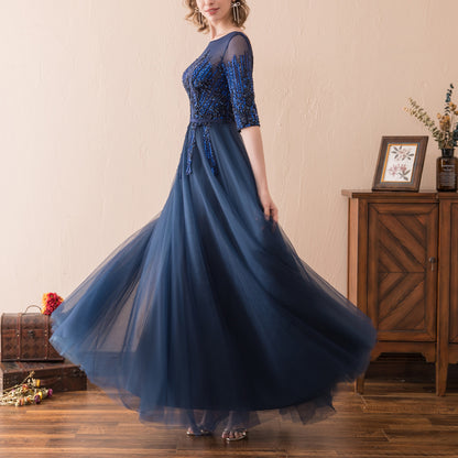 7-Day Dispatch Illusion Neckline Half Sleeve Navy Blue Beaded Tulle A-Line Evening Gown Lace-up Back Formal Dress