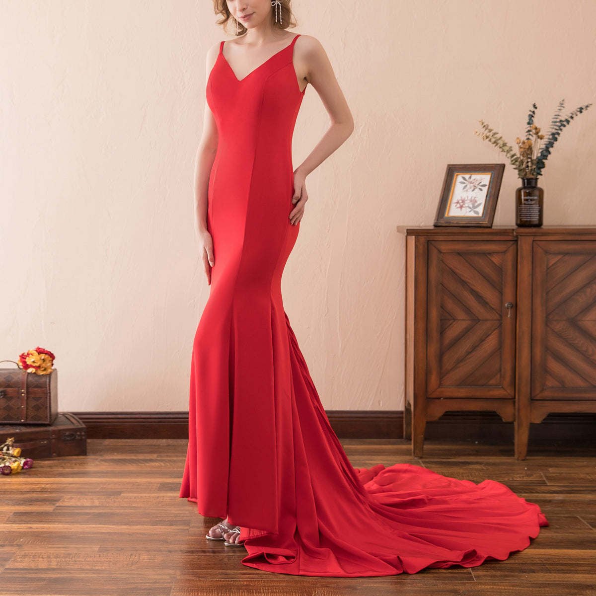 7-Day Dispatch V-Neck Spaghetti Strap Red Satin Mermaid Evening Gown Lace-up Open Back Sweep Train Formal Dress