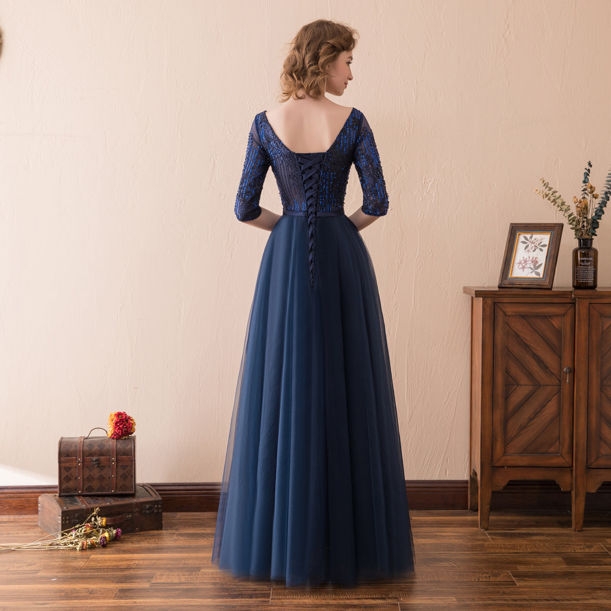 7-Day Dispatch Illusion Neckline Half Sleeve Navy Blue Beaded Tulle A-Line Evening Gown Lace-up Back Formal Dress