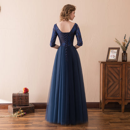 7-Day Dispatch Illusion Neckline Half Sleeve Navy Blue Beaded Tulle A-Line Evening Gown Lace-up Back Formal Dress